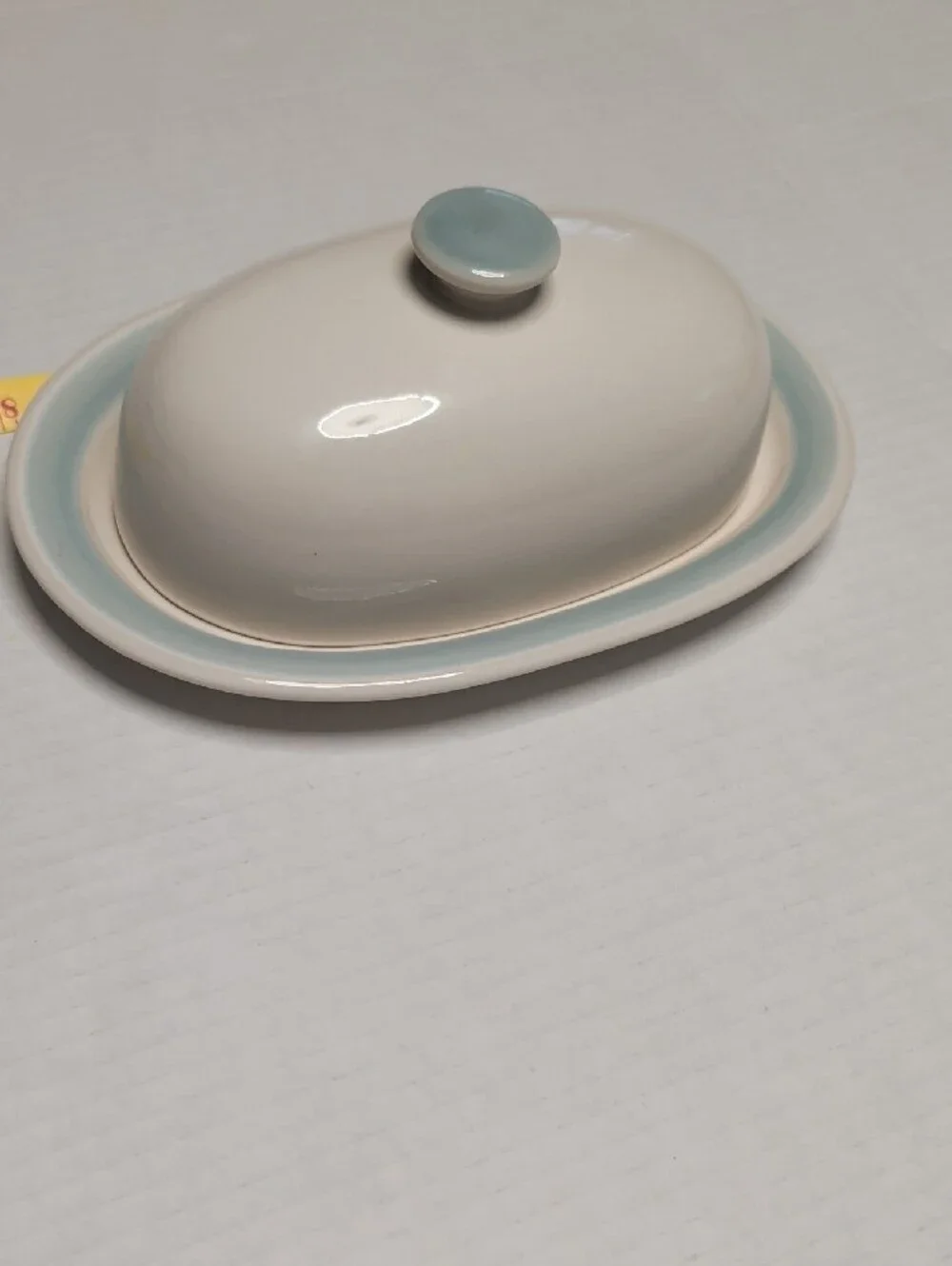 White Ceramic Butter Dish with Pale Blue Rim and Knob